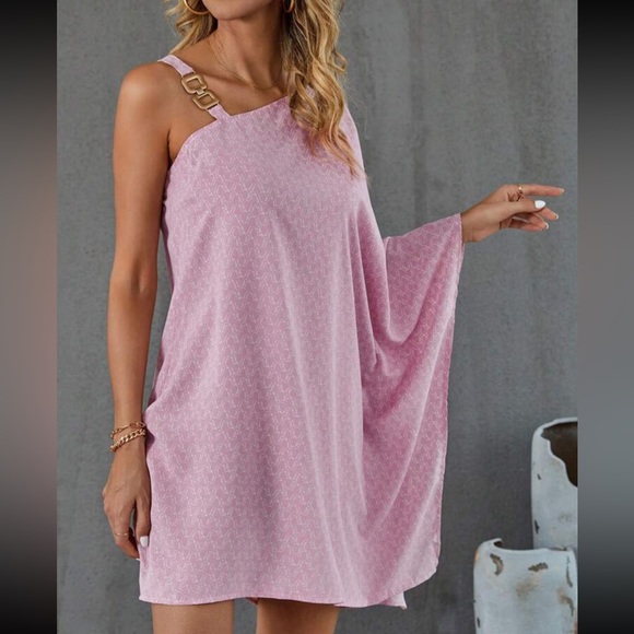 Boho chain strap one shoulder batwing sleeve  mini dress - Picture 1 of 5